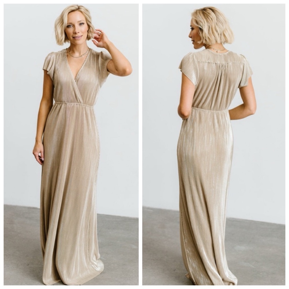 Baltic Born Athena Gold Pleated Surplice Maxi Dress Size Medium Tall